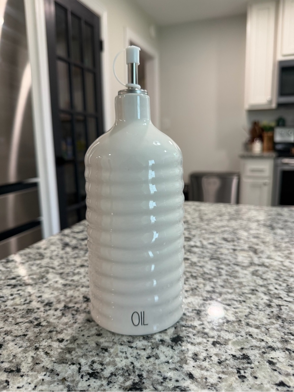 Rae Dunn White Ceramic 'OIL' Ribbed Dispenser with Silver Spout